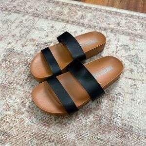 Black Double-Strap Slide Sandals with Tan Footbed